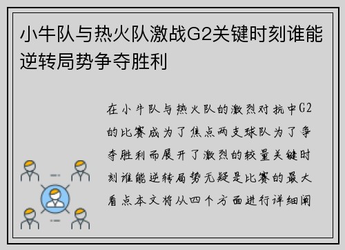 小牛队与热火队激战G2关键时刻谁能逆转局势争夺胜利